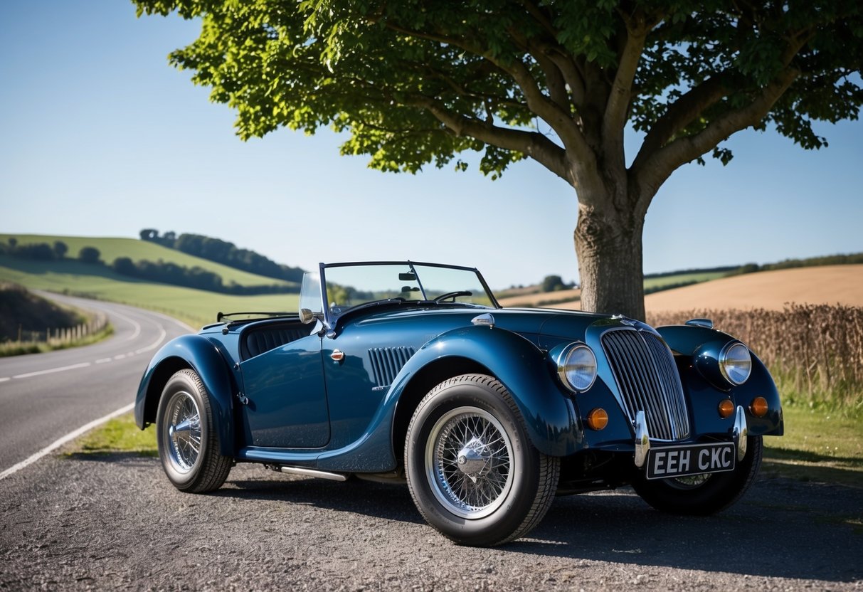 A classic British roadster parked under a tree, with a winding country road in the background, surrounded by rolling hills and a clear blue sky